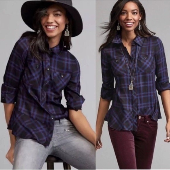 CAbi Tops - CAbi Flannel Peplum Top Plaid Check Button Down Shirt Ruffle Hem Medium